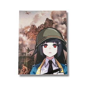 May include: A rectangular print featuring an anime-style character in a military helmet and uniform, set against a backdrop of a war scene with planes and explosions. The character has black hair and red eyes.