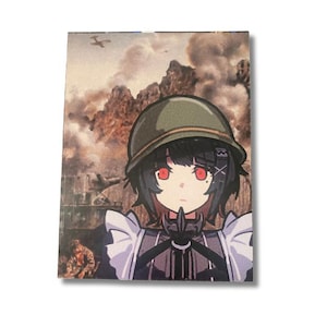 May include: A rectangular print featuring an anime-style character with black hair, red eyes, and a military helmet. The background depicts a war scene with explosions and aircraft.