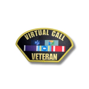 May include: A black patch with gold trim, featuring the words "VIRTUAL CALL VETERAN." The patch includes a ribbon design with various colors and icons, including the Microsoft Teams and Google Meet logos.