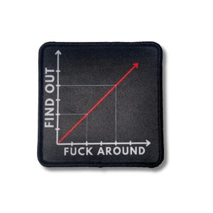 May include: Black square patch with a graph design. The graph has a red line going up and to the right. The words "FIND OUT" are on the left side, and "FUCK AROUND" are on the bottom.