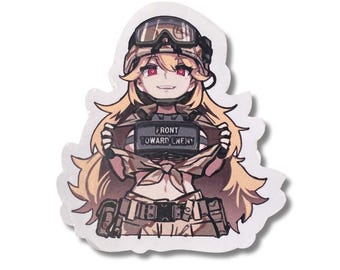 May include: A die-cut sticker featuring an anime-style illustration of a character in military attire. The character has blonde hair, red eyes, and is holding a sign that reads "FRONT TOWARD ENEMY". The sticker has a white border.