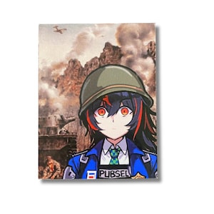 May include: A rectangular print featuring an anime-style character in a military helmet and uniform. The character has red eyes and black hair with red highlights. The background depicts a war scene with explosions and aircraft. The text "PUBSEL" is visible.