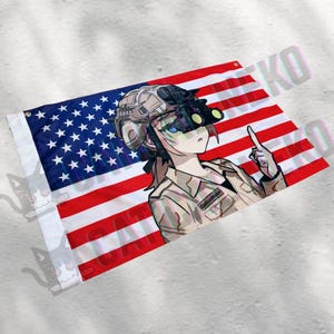 May include: American flag with an anime-style illustration of a person wearing military gear, including a helmet and night vision goggles. The person is pointing upwards. The flag has red and white stripes and a blue field with white stars.