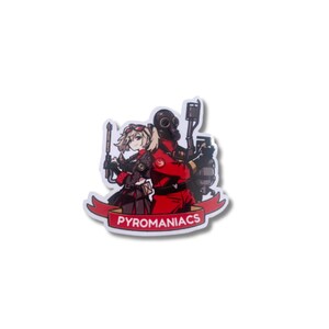 May include: A sticker featuring two anime-style characters, one in a red suit and gas mask, the other in a black outfit, holding weapons. A red banner at the bottom reads "PYROMANIACS". The sticker has a white border.