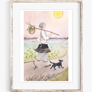Impresión artística del Tarot de El Loco, Impresión de la carta del Tarot, Niña y Perro, Aventura, Arte de Viaje, Impresión de acuarela del Tarot de El Loco