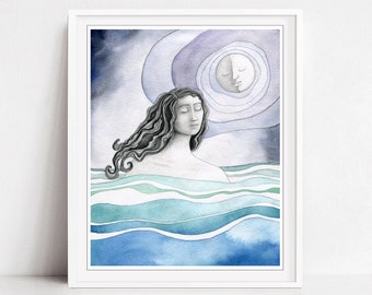 Moon Ocean Print Water Art Blue Gray, Figurative Art, Fine Art Watercolor Print, Moon Wall Art - Swimming with the Moon