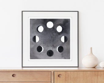 Lunar Cycle Print, Moon Watercolor Painting, Black and White Wall Art, Moon Phases Print