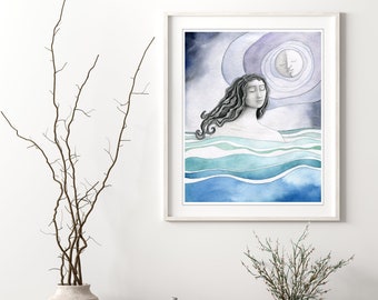Moon Ocean Print Water Art Blue Gray, Figurative Art, Fine Art Watercolor Print, Moon Wall Art - Swimming with the Moon