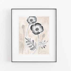 Poppy Flower Art Print, Neutral Botanical Print, Beige Gray Decor, Watercolor Painting, Archival Print, 8x10 11x14 Print image 3