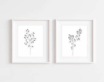 Leaf Branches Prints Black and White Wall Art,  Set of Two Prints, Botanical Ink Drawing Print Set, Minimal Modern Rustic Wall Art