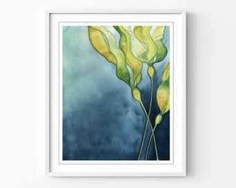 Kelp Fine Art Print Watercolor Painting Bull Kelp Seaweed Blue Green Nature Wall Art Print 8x10 11x14 Print