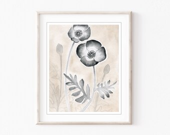 Poppy Flower Art Print Neutral Botanical Print, Beige Gray Decor, Fine Art Watercolor Print, 8x10 11x14 Print - Monochrome Poppies