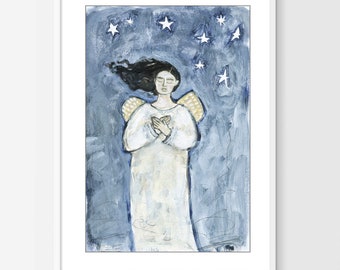 Angel Art Print Blue White Angel Painting Wall Art Stars Night Celestial Nursery Kids Room Art