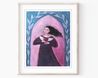 Winged Heart Painting, Dancer, Archival Print, Sufi Heart, Pink Blue Wall Art, 8x10 16x20 Print