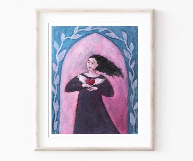Winged Heart Painting, Dancer, Archival Print, Sufi Heart, Pink Blue Wall Art, 8x10 16x20 Print image 6