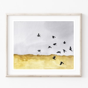 Autumn Landscape Crows - Watercolor Painting, Landscape Art, Flock of Birds, Archival Print, Nature Bird Watercolor Art, Gray Mustard Yellow