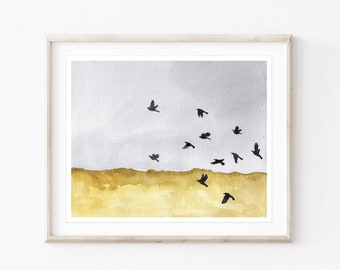 Autumn Watercolor Print - Crows, Landscape Art Print, Flock of Birds, Fine Art Nature Watercolor Print, Bird Art, Gray Mustard Yellow