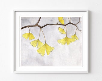 Ginkgo Leaves Watercolor Painting - Archival Print, Botanical Illustration, Nature Wall Art, Yellow Gray Wall Art, Watercolor Print