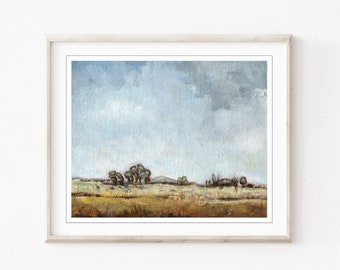 Landscape Painting - California, Minimal Landscape Art, Archival Print, Sky Clouds Trees, Beige Tan, Neutral Wall Art  "Across the Laguna"