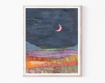 Landscape Art Print - Crescent Moon, Desert Wall Art, Night Sky, Collage, 8x10 11x14, Pink Blue, Archival Print