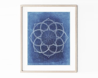 Geometric Islamic Wall Art Line Illustration Indigo Blue Archival Print Moroccan Art / Geometry Sketch Two