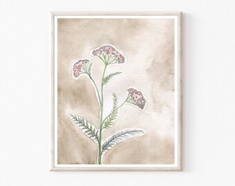 Yarrow Illustration - Watercolor Painting, Archival Print, Yarrow Wall Art, Beige Pink, Nature Print, Wildflower Art 8x10 11x14 Print