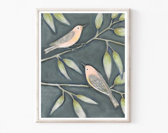 Two Birds Fine Art Print - Bird Painting, Archival Print, Pink Gray, Bird Nature Wall Art 8x10 11x14 Print