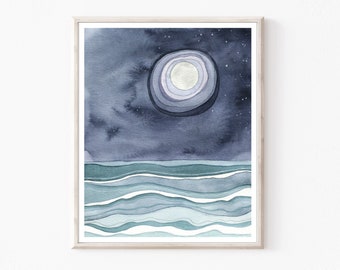 Ocean Watercolor Painting - Archival Print, Moon Ocean Print, Kids Room, Stars Blue White Wall Art, 8x10 11x14 Print - Moon Over The Sea