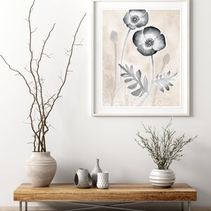 Poppy Flower Art Print, Neutral Botanical Print, Beige Gray Decor, Watercolor Painting, Archival Print, 8x10 11x14 Print image 4