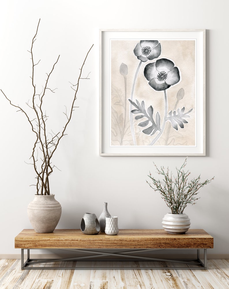 Poppy Flower Art Print, Neutral Botanical Print, Beige Gray Decor, Watercolor Painting, Archival Print, 8x10 11x14 Print image 4