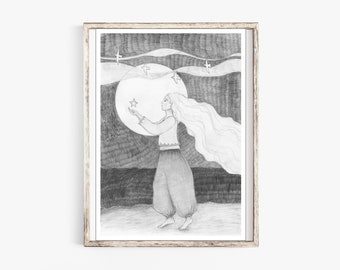 Girl and Star Print - Pencil Drawing Fine Art Print Wall Art Stars Moon Birds Night Celestial Nursery Kids Room Art