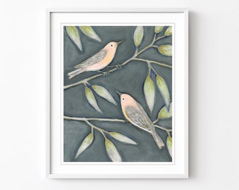 Two Birds Fine Art Print - Bird Painting, Archival Print, Pink Gray, Bird Nature Wall Art 8x10 11x14 Print