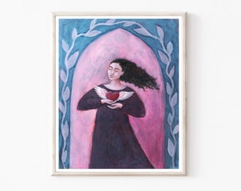 Winged Heart Painting, Dancer, Archival Print, Sufi Heart, Pink Blue Wall Art, 8x10 16x20 Print