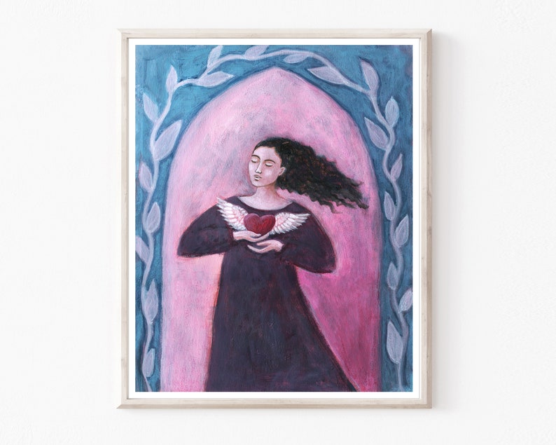 Winged Heart Painting, Dancer, Archival Print, Sufi Heart, Pink Blue Wall Art, 8x10 16x20 Print image 1