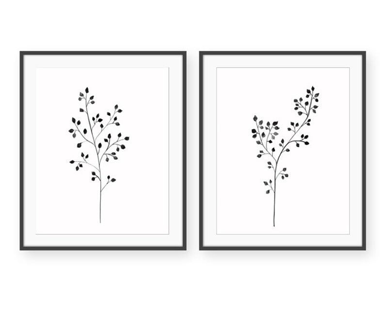 Set of Two Prints Black and White Leaf Branches Watercolor Etsy