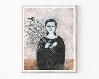 Girl and Bird Painting - Archival Print 8x10 16x20 Print