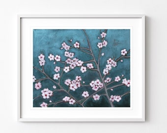 Plum Blossoms Flower Painting Botanical Print, Floral Wall Art Print, Pink Spring Flowers - Plum Branches on Blue