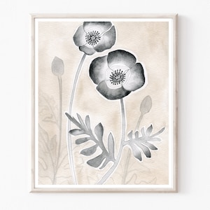 Poppy Flower Art Print, Neutral Botanical Print, Beige Gray Decor, Watercolor Painting, Archival Print, 8x10 11x14 Print image 1
