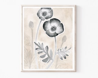 Poppy Flower Art Print, Neutral Botanical Print, Beige Gray Decor, Watercolor Painting, Archival Print, 8x10 11x14 Print