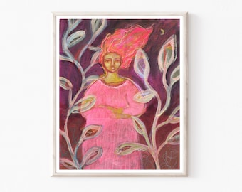 Pink Nature Spirit Goddess Print, Pink Purple Wall Art, Archival Print, Leaves, Nature, Girls Room Art, Figurative Art 8x10 16x20 Print