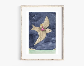 Chariot Tarot Fine Art Print, Bird and Girl, Chariot Tarot Watercolor Print - Mara Lunne Tarot