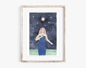 The Star Tarot Fine Art Print, Tarot Card Print, Night Sky, Ocean, Star Tarot Watercolor Print