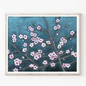 Plum Blossoms Print, Flower Painting, Archival Print, Botanical Print, Floral Wall Art, Spring Flowers, Plum Branches on Blue image 1