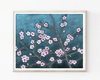 Plum Blossoms Print, Flower Painting, Archival Print, Botanical Print, Floral Wall Art, Spring Flowers, Plum Branches on Blue