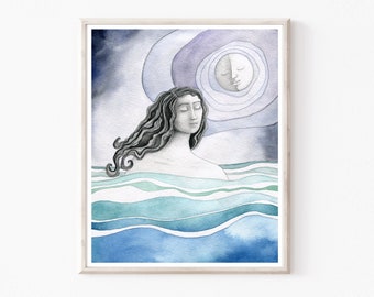 Moon Ocean, Figurative Art, Watercolor Painting, Archival Print, Swimming Print, Blue Gray, Water Art