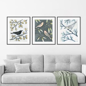 Bird Art Prints Set of 3 Prints, Birds in Branches, Art Prints, Bird Paintings, Triptych Nature Wall Art, 8x10 11x14 Prints image 3