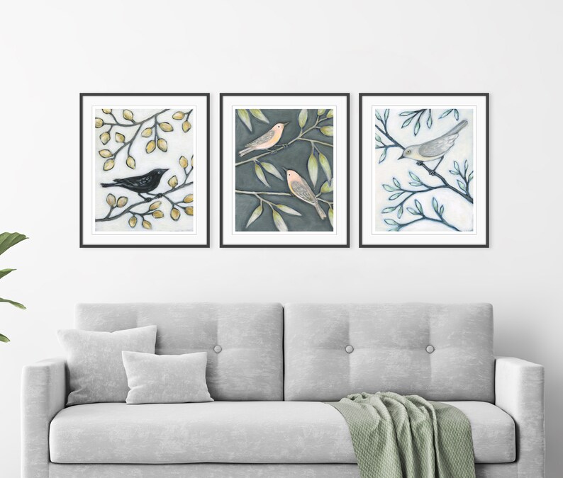 Bird Art Prints Set of 3 Prints, Birds in Branches, Art Prints, Bird Paintings, Triptych Nature Wall Art, 8x10 11x14 Prints image 3