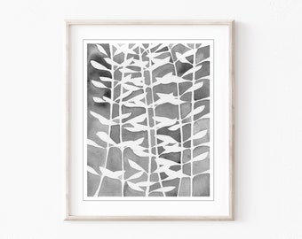 Leaf Pattern Print Botanical Print Gray Wall Art, Nature Wall Art, Fine Art Print, Watercolor Print, 8x10 11x14 Print - Plant Pattern Two