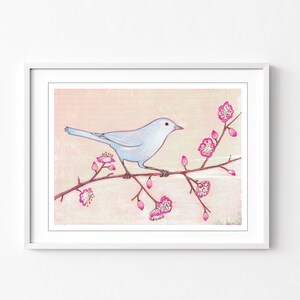 Blue Bird illustration Colored Pencil Art, Bird Drawing, Pink Blue, Nursery Room Art 5x7 8x12 print 'Visiting a Cherry Tree' image 1