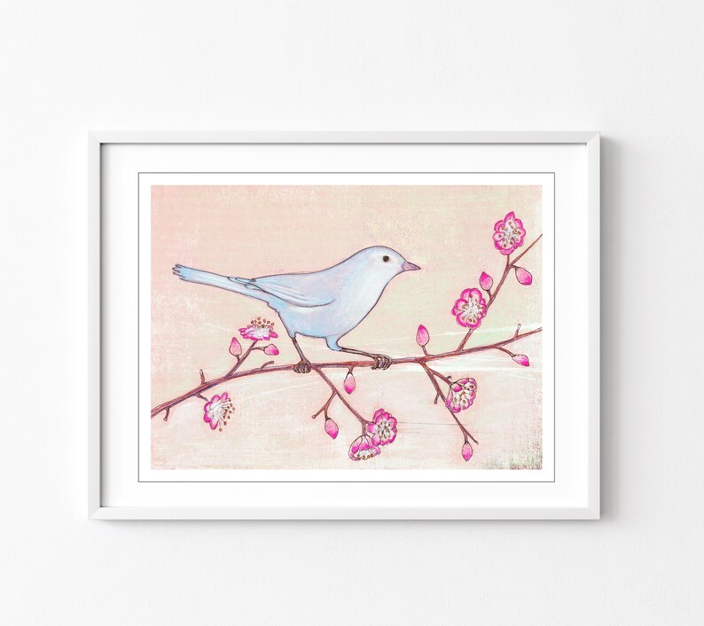 Blue Bird illustration Colored Pencil Art, Bird Drawing, Pink Blue, Nursery Room Art 5x7 8x12 print 'Visiting a Cherry Tree' image 1